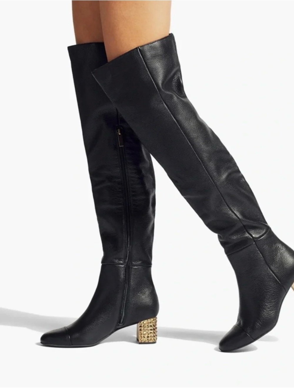 Kurt Geiger Black Leather Over-the-Knee Boots with Gold Studded Block Heel